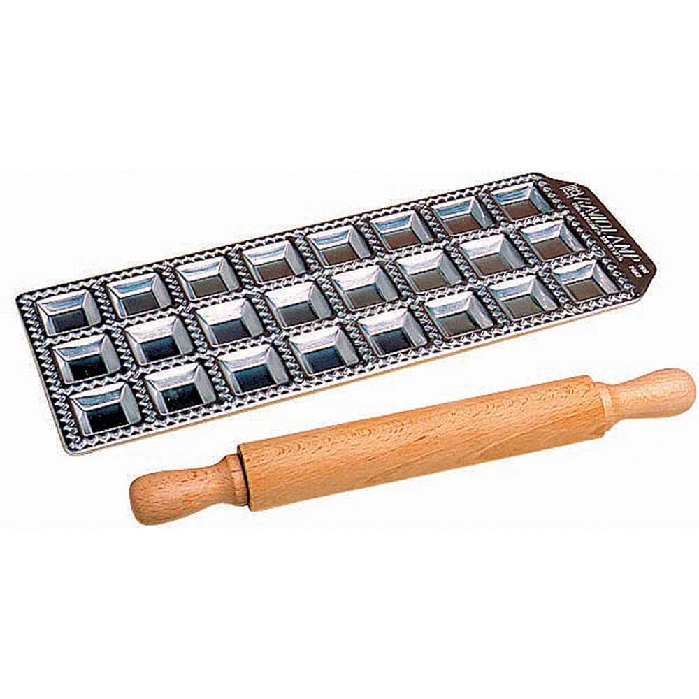 Aluminum Ravioli Mold With Wooden Rolling Pin, 24 Molds 073195 Imperia
