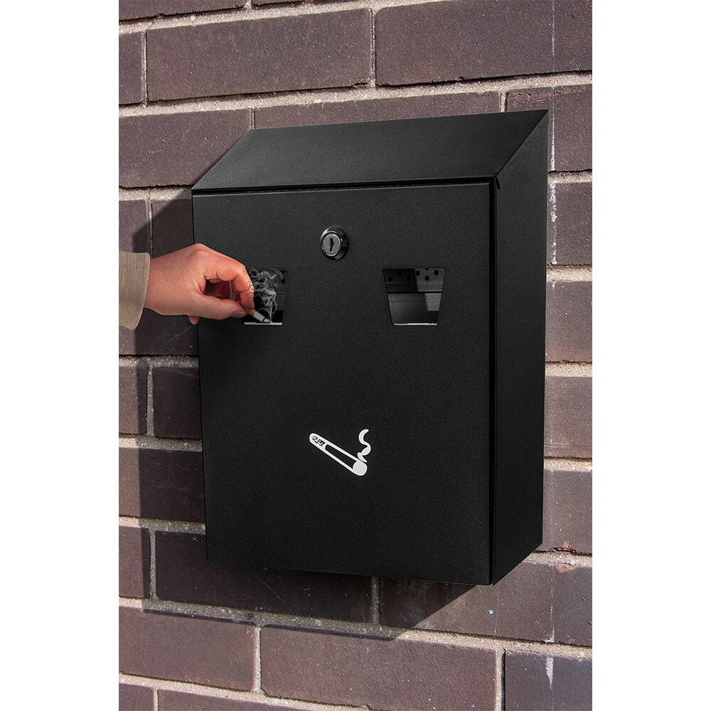 Black, Steel AllInOne Wall Mounted Cigarette Disposal Bin / Outdoor