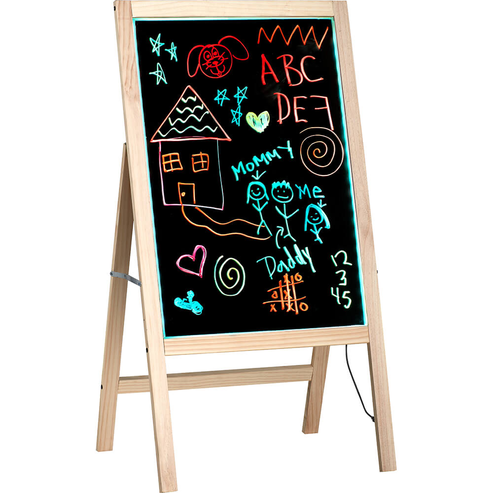 Beige, Tempered Glass LED Illuminated Message Writing Board On An Wood A-Stand 22" X 40"