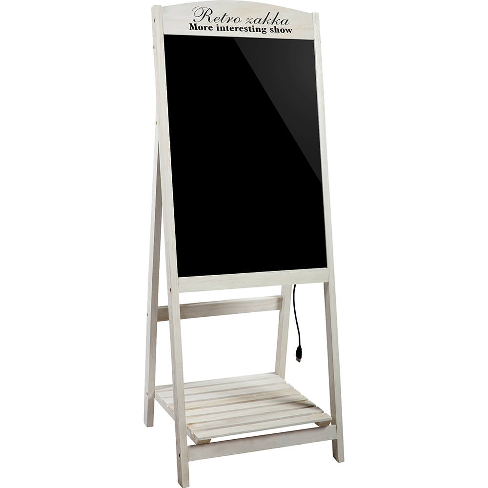 White, Tempered Glass LED Illuminated Message Writing Board On An Wood A-Stand 16" X 45" W/ Lower Shelf