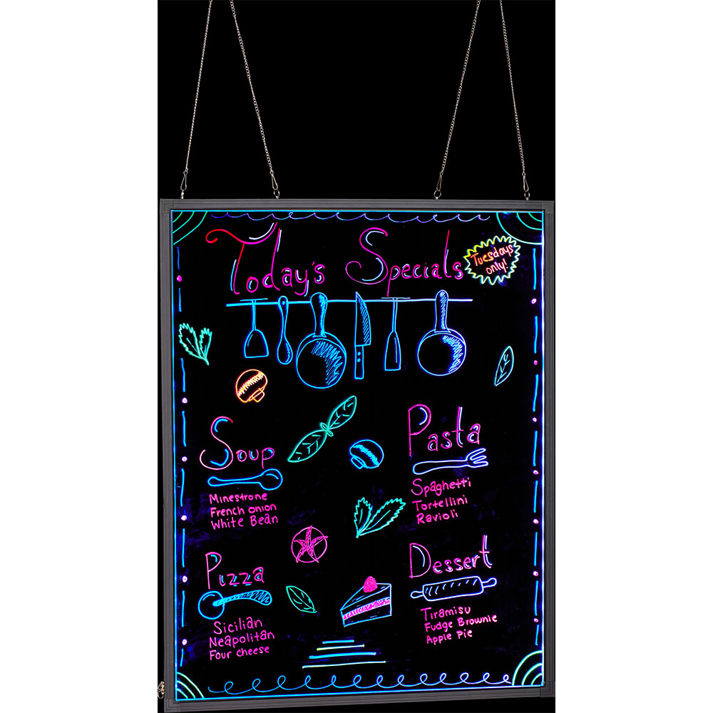 Black, Tempered Glass LED Illuminated Hanging Message Writing Board W