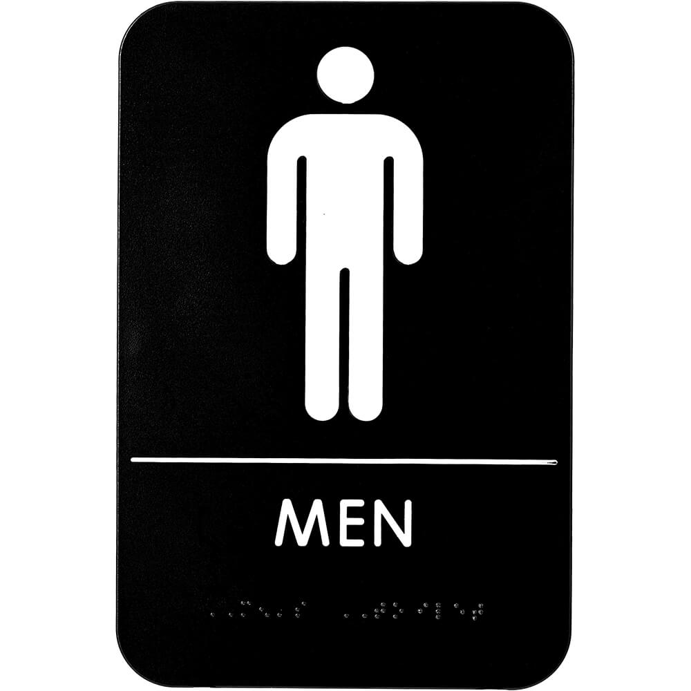 Black, ABS Men's Braille Restroom Sign, ADA Compliant, 6" X 9", White Lettering