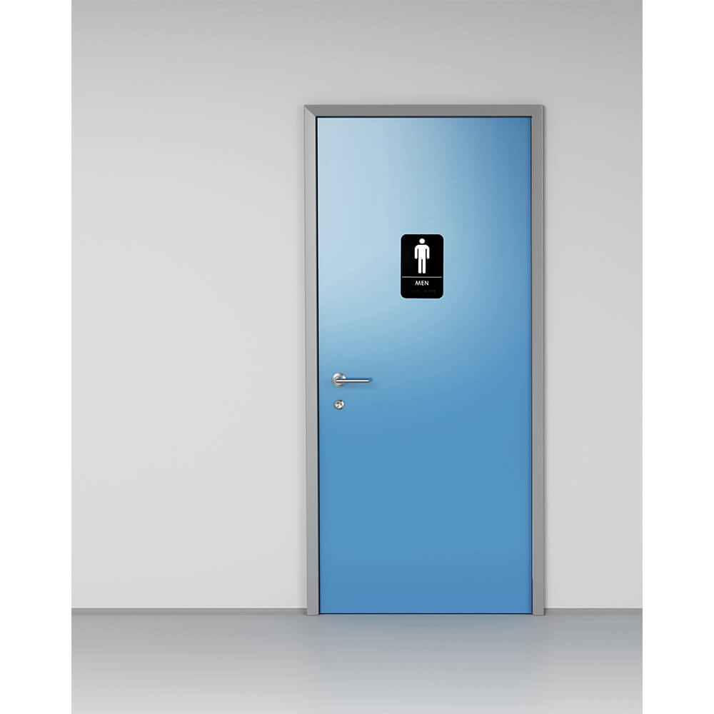 Black, ABS Men's Braille Restroom Sign, ADA Compliant, 6" X 9", White Lettering View 2