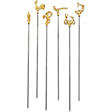 Stainless Steel Decorative Skewers, 6 Golden Assorted Animal Tops