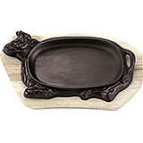 Brown, Cast Iron Sizzling Platter with Wooden Tray - Animal Shaped, 13.13"
