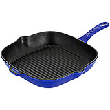 Blue, Cast Iron Square Frying Pan / Grill with Pouring Spouts, 9"