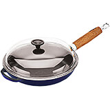 Blue, Cast Iron Frying Pan with Glass Lid, Wood Handle, 11"