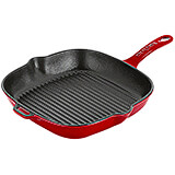 Red, Cast Iron Square Frying Pan / Grill with Pouring Spouts, 9"