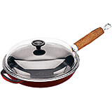 Red, Cast Iron Frying Pan with Glass Lid, Wood Handle, 11"