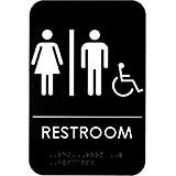 Black, ABS Unisex Handicap Braille Restroom Sign, ADA Compliant, 6" X 9", White Lettering