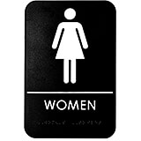 Black, ABS Womens Braille Restroom Sign, ADA Compliant, 6" X 9", White Lettering
