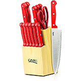 Hardwood Essential Series 14-Piece Serrated Knife Set with Red Handles, Natural Wood Block